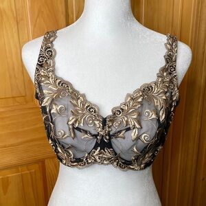 Soma Black and Gold Embroidered Sheer Underwire Bra, Size 38D.